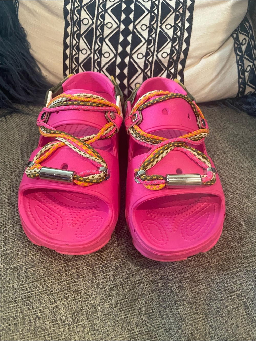 CROCS Womens Hot Pink Sandal with Multicolor Rope Straps